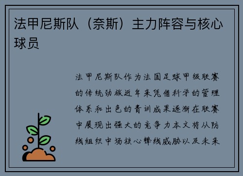法甲尼斯队（奈斯）主力阵容与核心球员